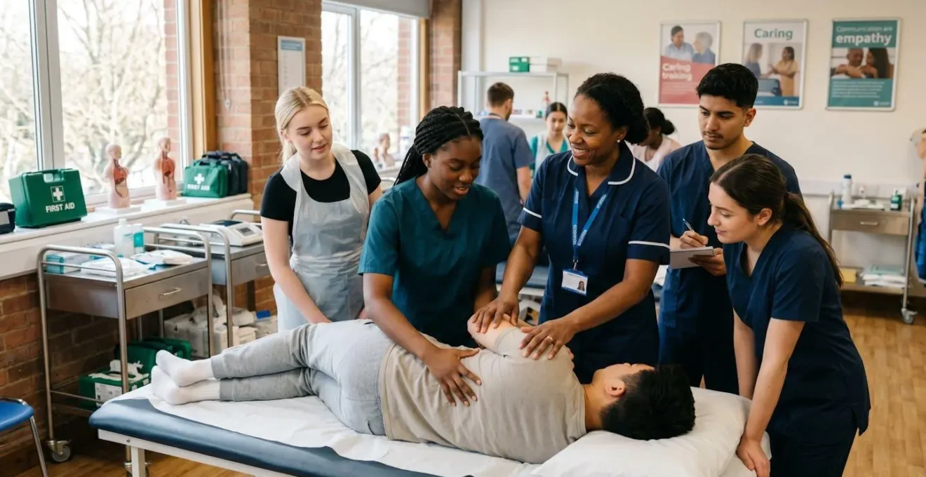 Groupe de jeunes adultes en formation sanitaire et social participant à un atelier pratique encadré par un formateur dans une salle de cours professionnelle