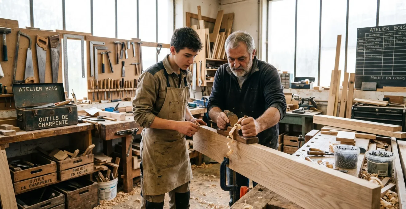 Jeune apprenti en formation alternance MFR travaillant avec un tuteur professionnel dans un atelier, apprenant des gestes techniques du métier dans un environnement de travail réel