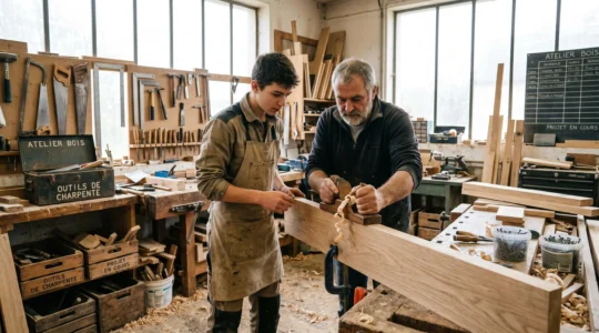 Jeune apprenti en formation alternance MFR travaillant avec un tuteur professionnel dans un atelier, apprenant des gestes techniques du métier dans un environnement de travail réel