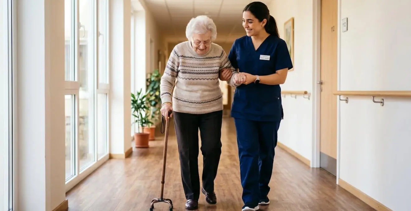 Jeune femme en tenue professionnelle accompagnant une personne âgée dans une structure médico-sociale, regards échangés dans un couloir lumineux